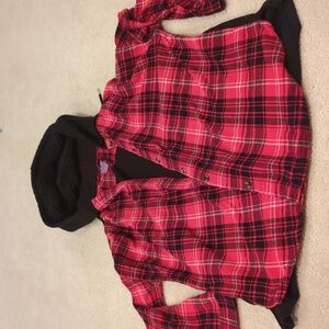 Juniors No Boundaries Red and Black Plaid Button-up shirt Fleece Hood XXL